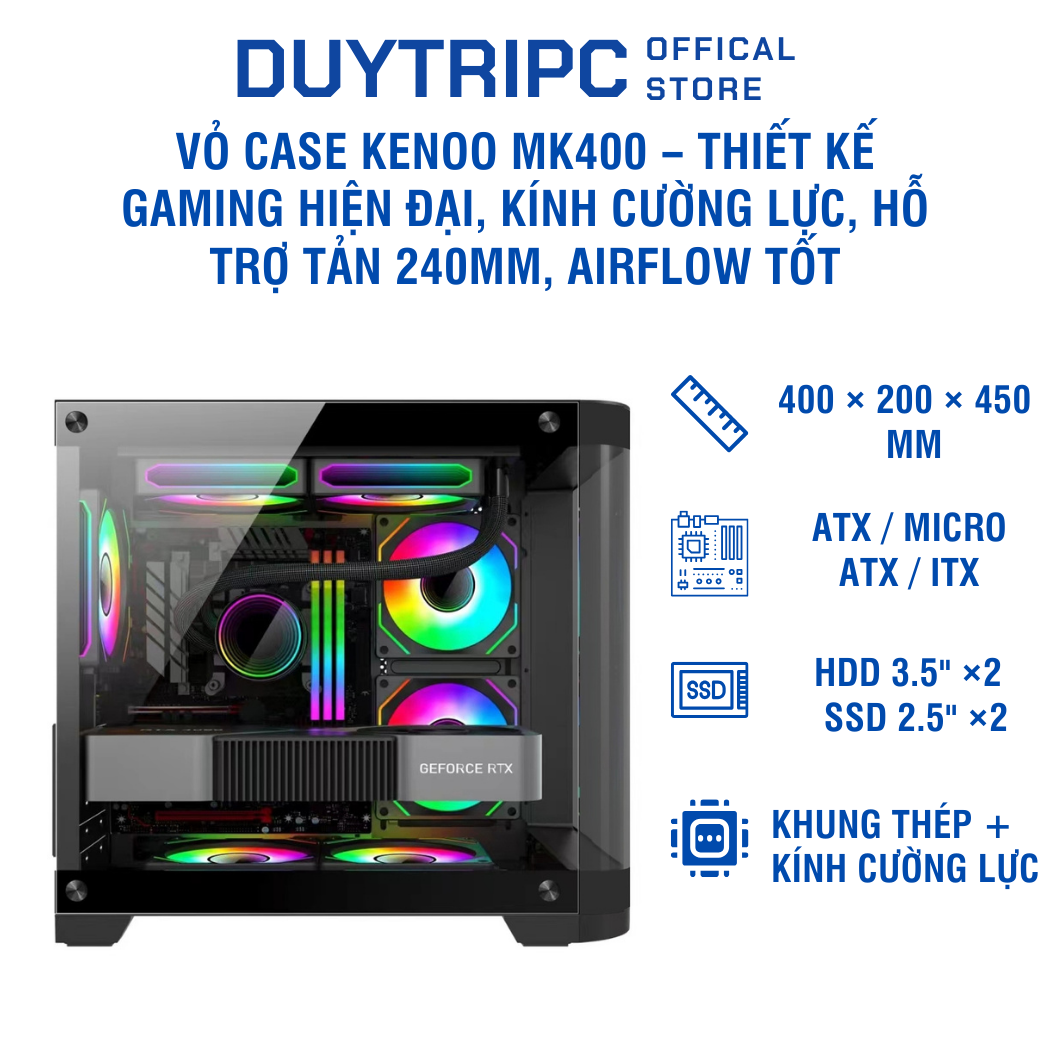 Vỏ Case KENOO MK400 – Thiết kế gaming hiện đại, kính cường lực, hỗ trợ tản 240mm, airflow tốt